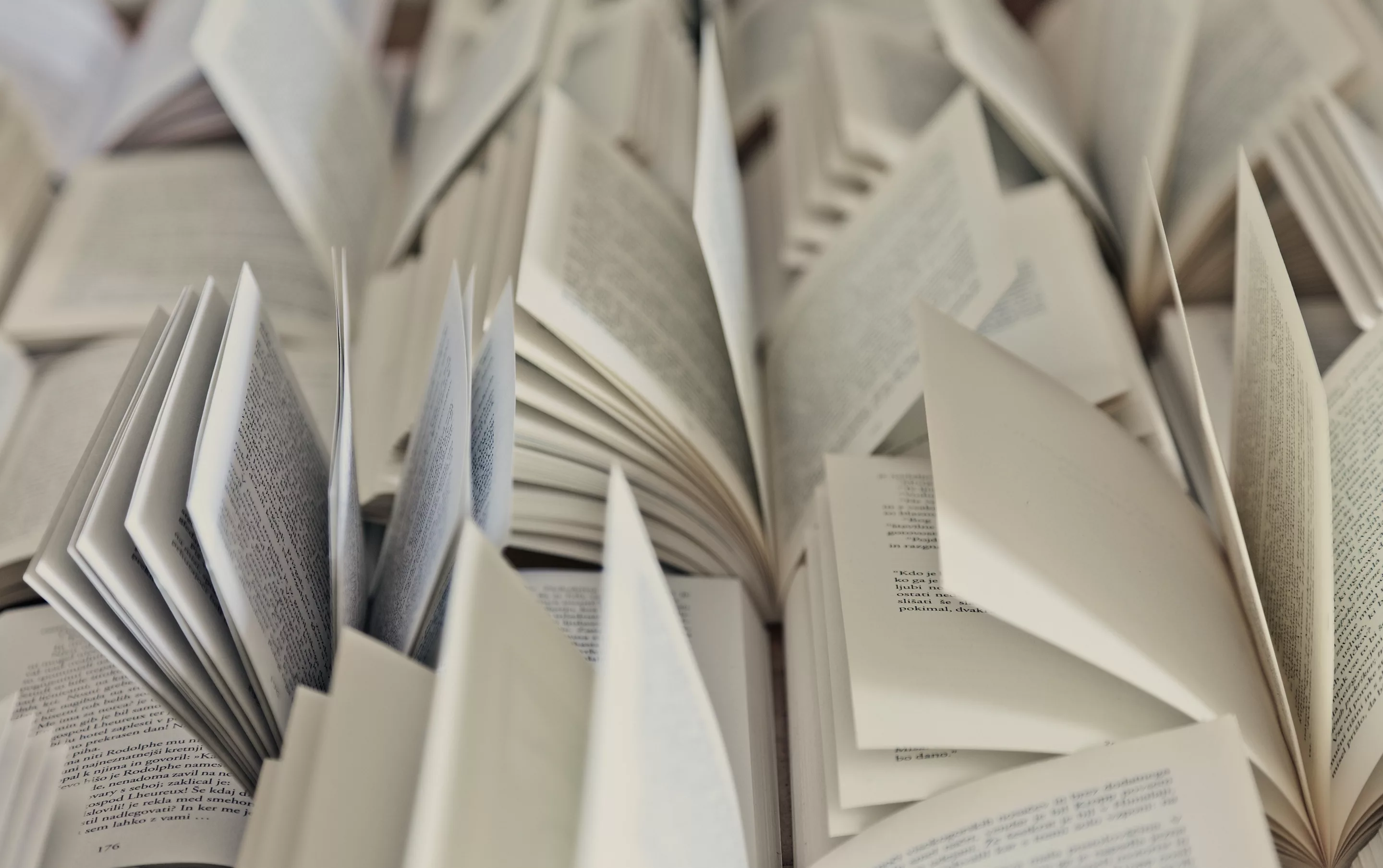 Aufgeschlagene Bücher sind kunstvoll angeordnet, die Seiten sind aufgefächert und bilden ein dynamisches Muster. Das Bild vermittelt ein Gefühl der Erkundung und Neugierde