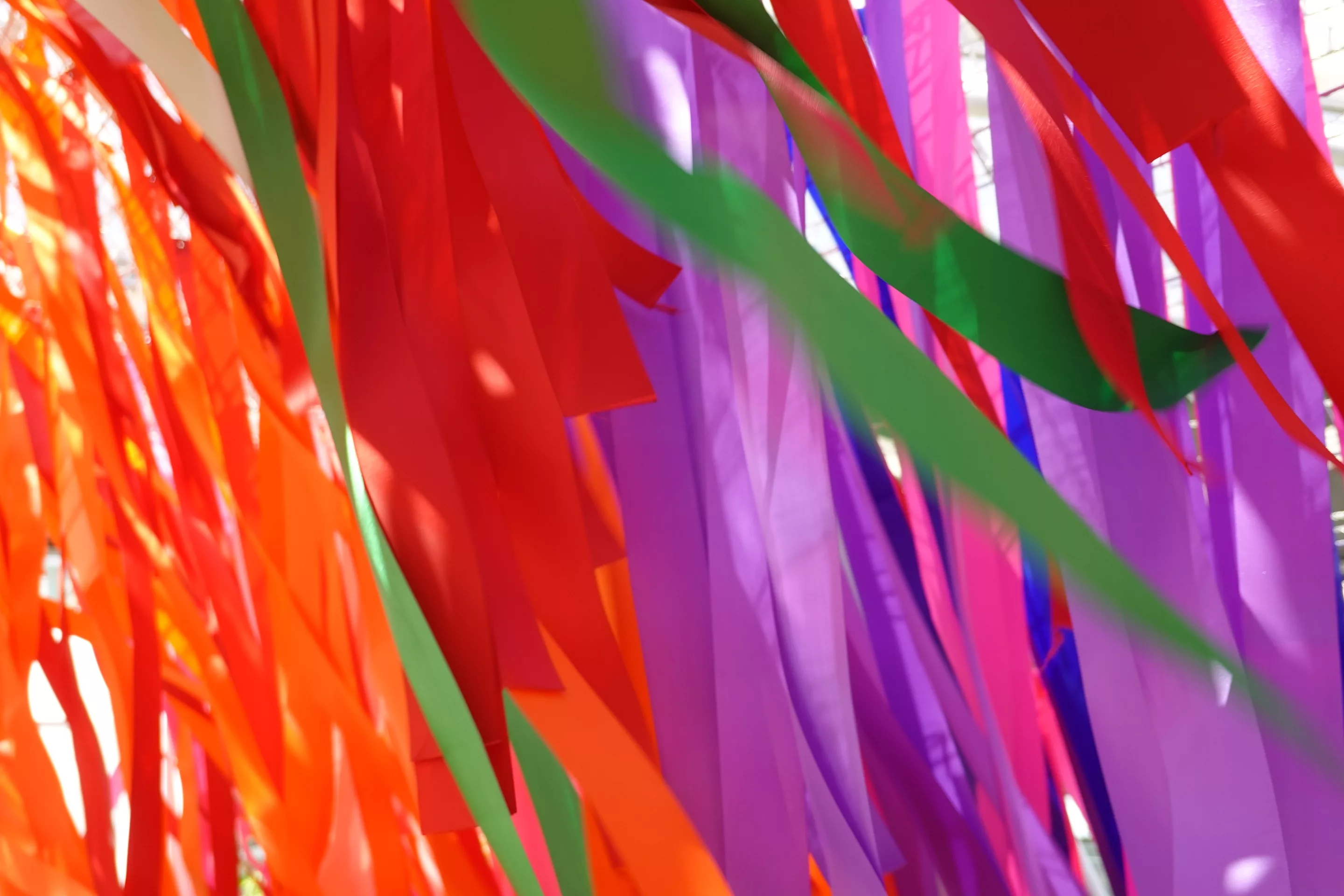 Bunte Bänder in Rot, Violett und Grün fallen kaskadenartig nach unten und schaffen eine lebhafte und lebendige Atmosphäre im Sonnenlicht, die Freude vermittelt.