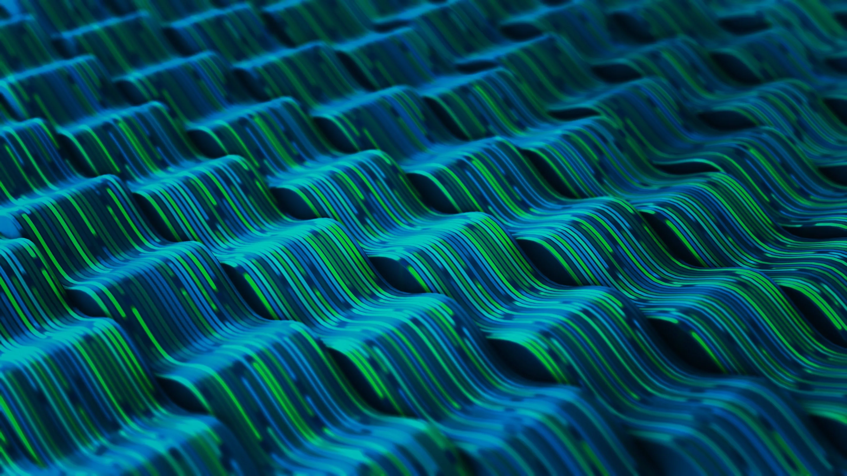 Abstract pattern of wavy blue tiles with streaks of green light, creating a futuristic and dynamic texture, evoking a sense of motion and energy